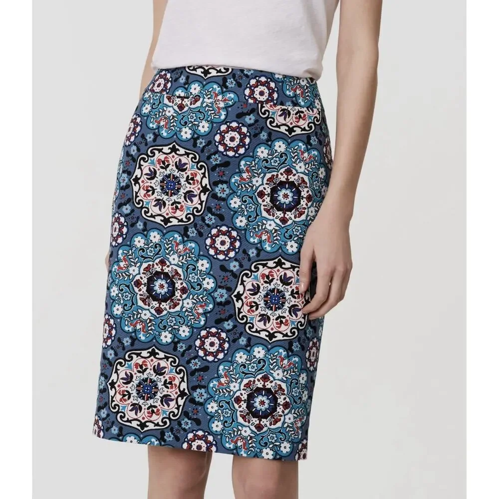 Ann Taylor LOFT Blue Floral Medallion Pencil Skirt Women’s Size 6 Lined Zip Up